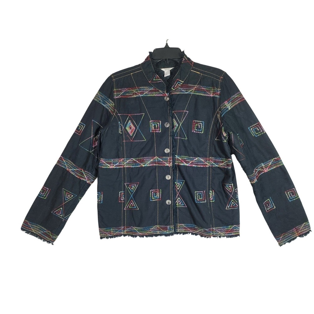 Christopher Banks L Embroidered Jacket Black Boho Southwestern Art Festival Folk